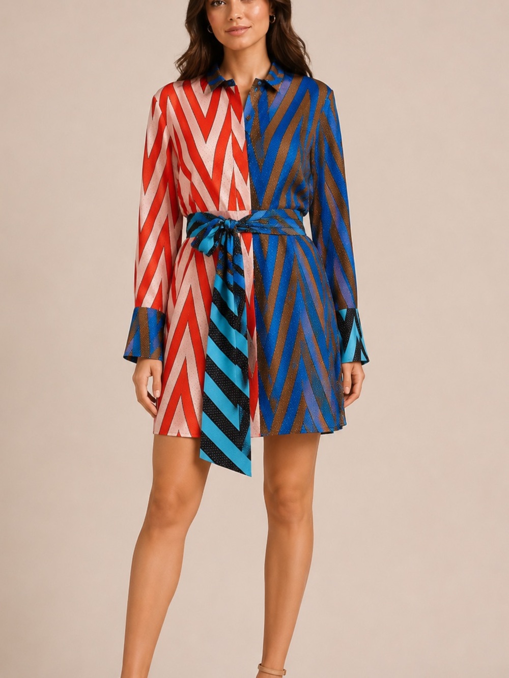 Diane von Furstenberg 100% Silk Print Belted Long Sleeve Shirt Dress size Medium